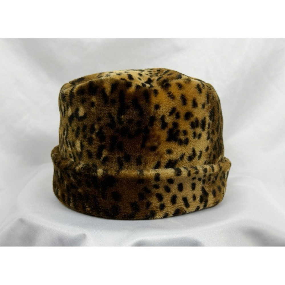 Vintage Leopard Print Faux Fur Pillbox Hat Thinsulate Thermal Insulated Winter